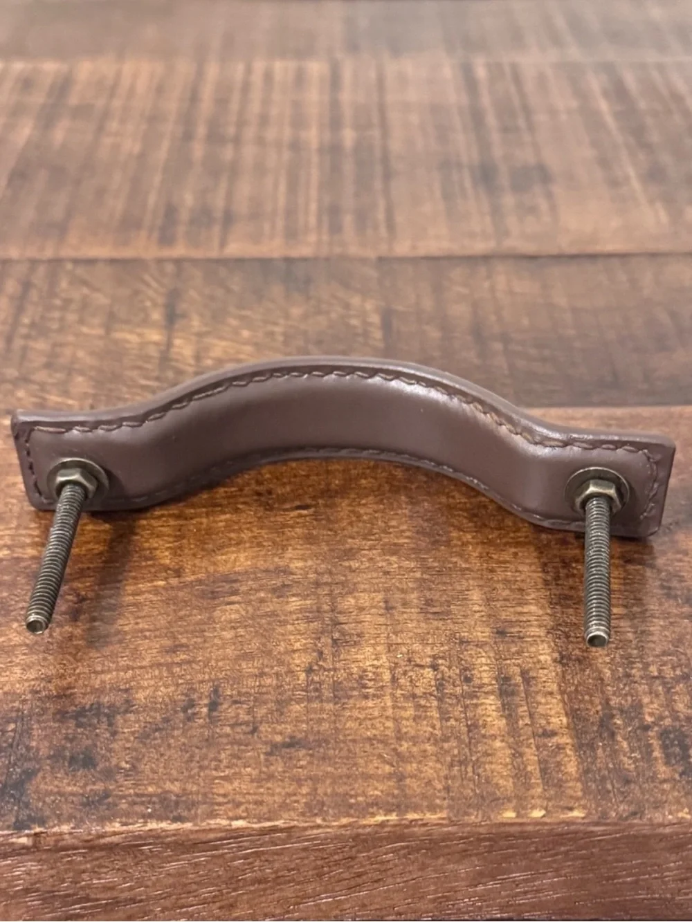 Anthropologie Leather Drawer Pull Handle Brown Saddle Stitch Brass Hardware NWOT
